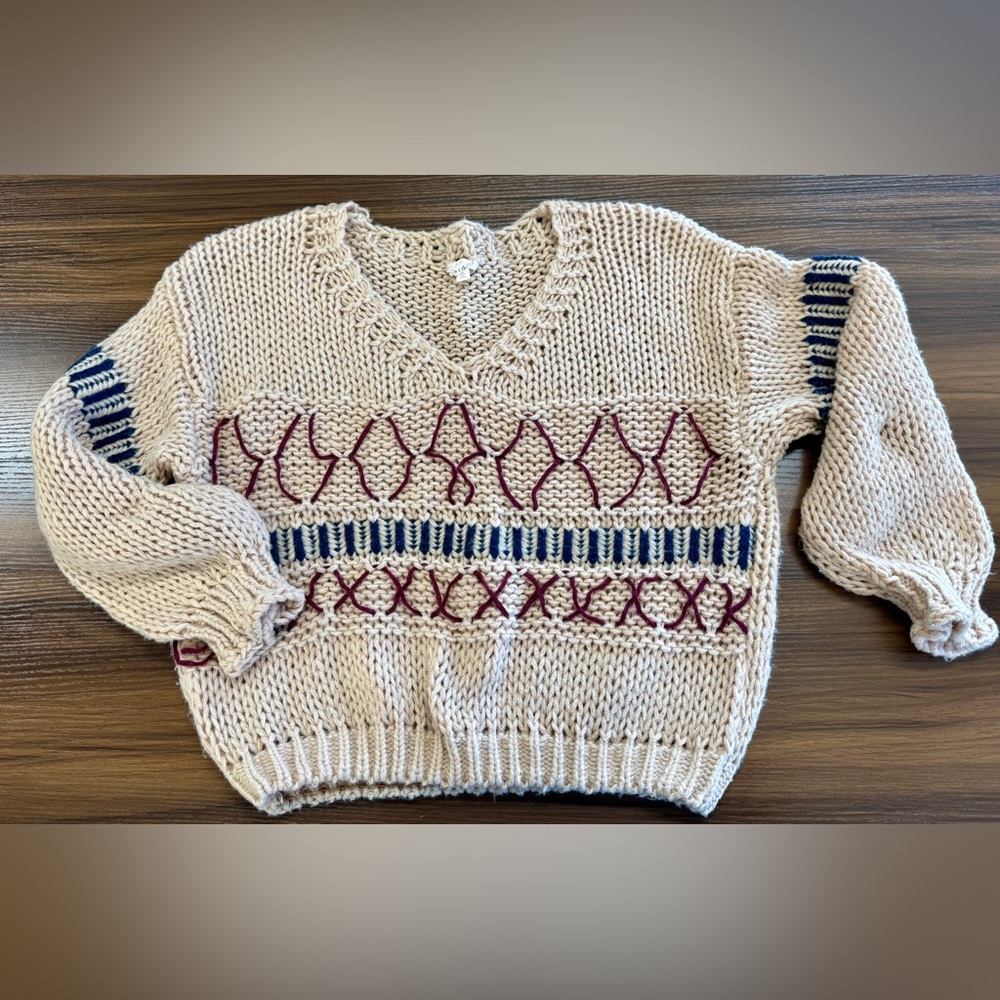 Hem & Thread Cream V-Neck Sweater with Blue and Red Accents